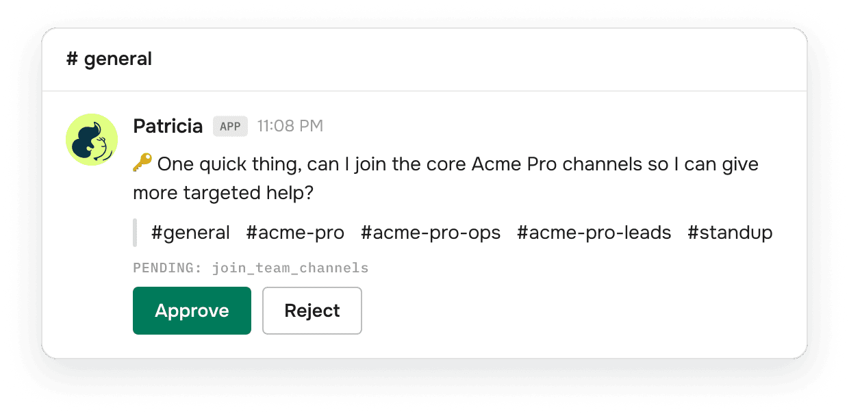 A Slack message from Patricia asking to join five channels, with Approve and Reject buttons