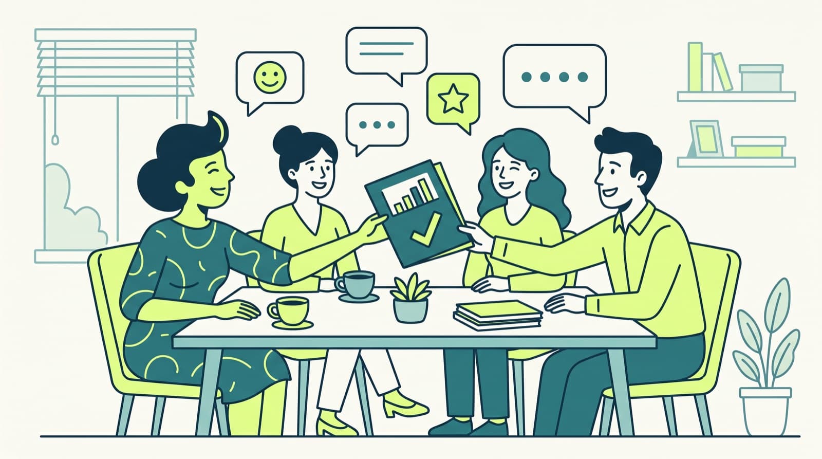 Illustration: Patricia sits at the table with a small agency team and hands a finished report to a colleague