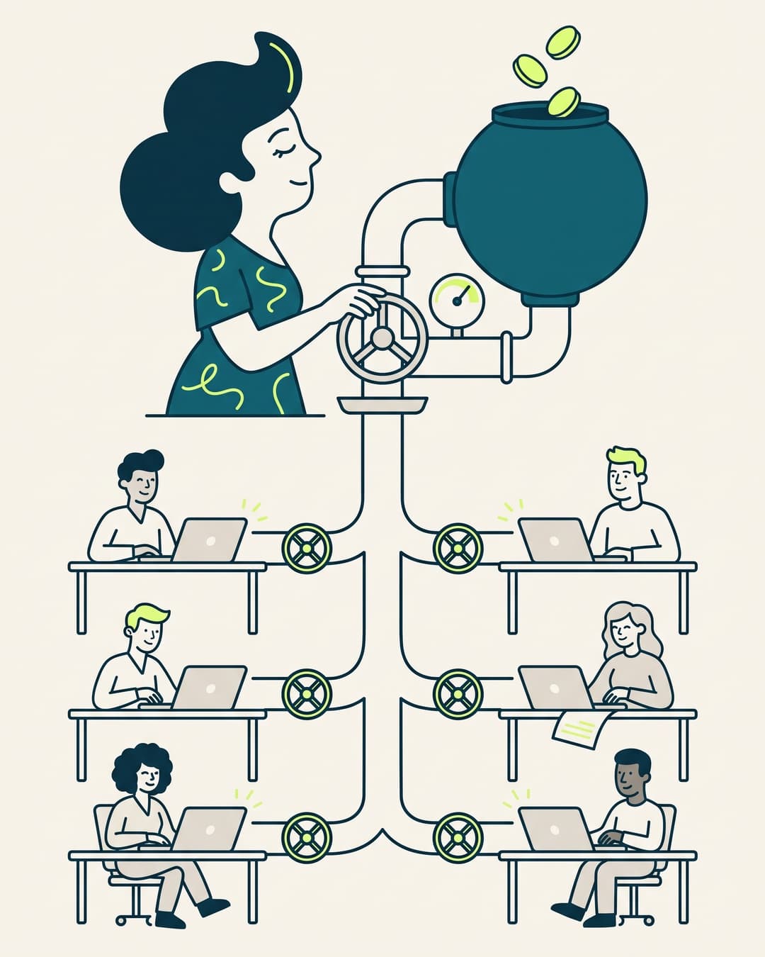 Illustration: Patricia turns the main valve on one pipeline that runs from a single credit tank to six teammates at their desks, with a small valve on each branch, so spend flows to the whole team and stays under control