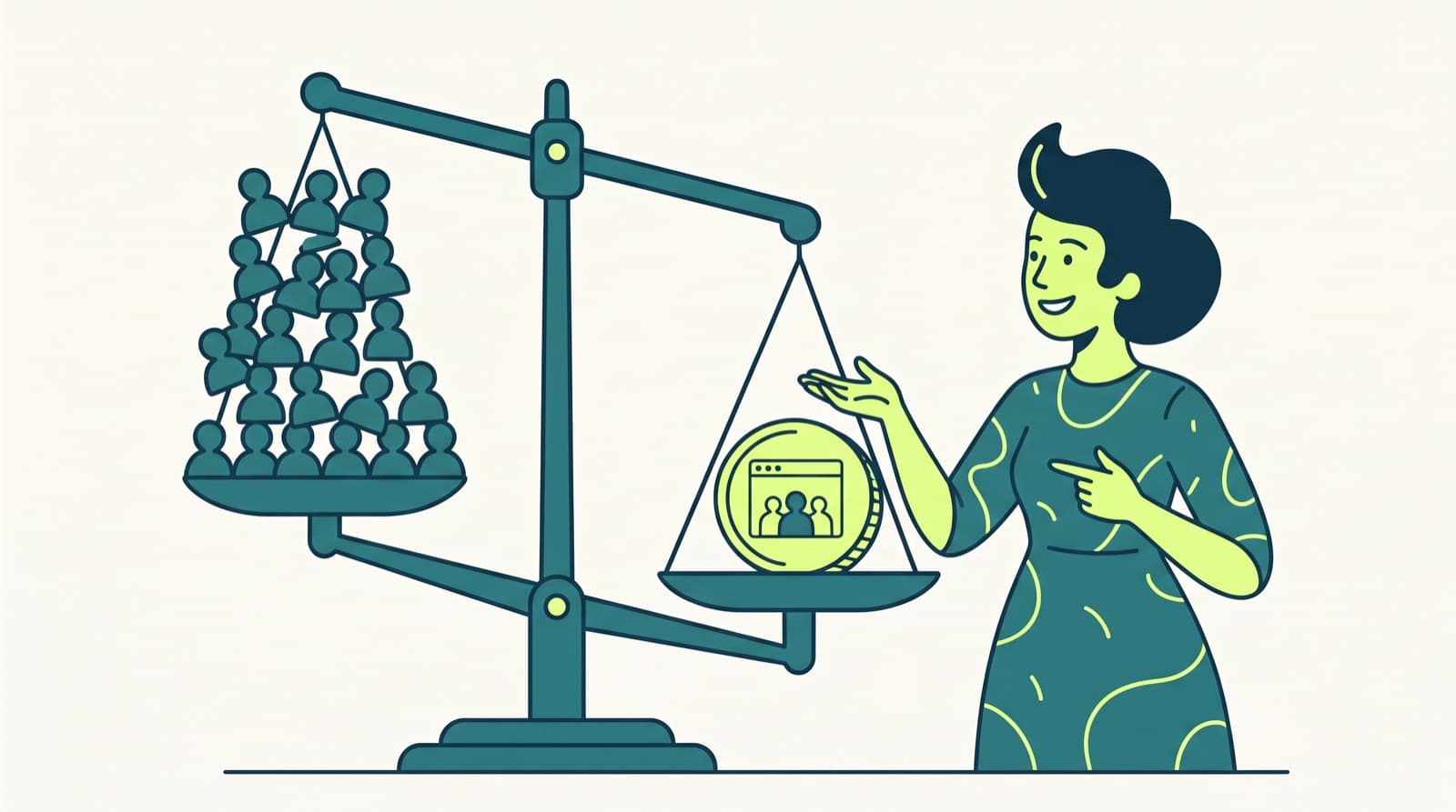 Illustration: Patricia next to a balance scale, a pile of per-seat tokens on one side and one workspace coin on the other