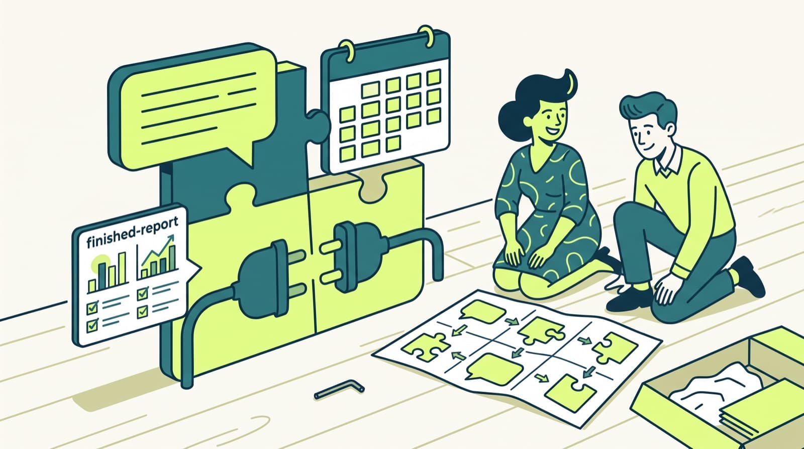 Illustration, a flat-pack parody: Patricia and an agency person assemble an AI coworker from a chat bubble, a calendar, plugs and a report, with a pictogram manual
