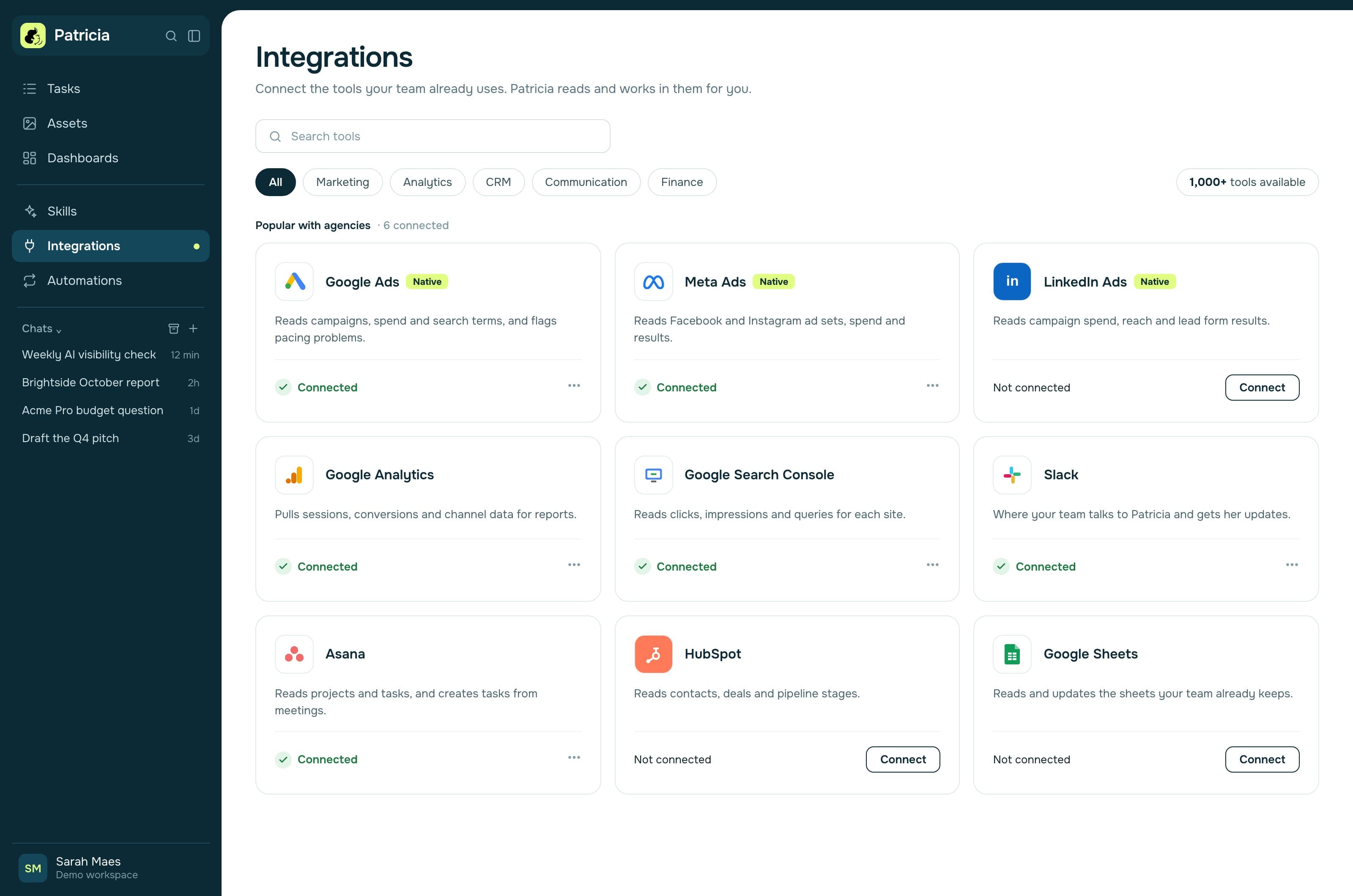 The Integrations page in a demo Patricia workspace, with Google Ads, Meta Ads and LinkedIn Ads marked Native and cards for Google Analytics, Google Search Console, Slack, Asana, HubSpot and Google Sheets