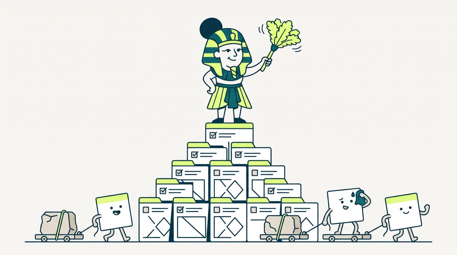 Illustration, a parody: Patricia as a pharaoh with a feather duster on a pyramid of task cards, while small task cards pull the stone blocks