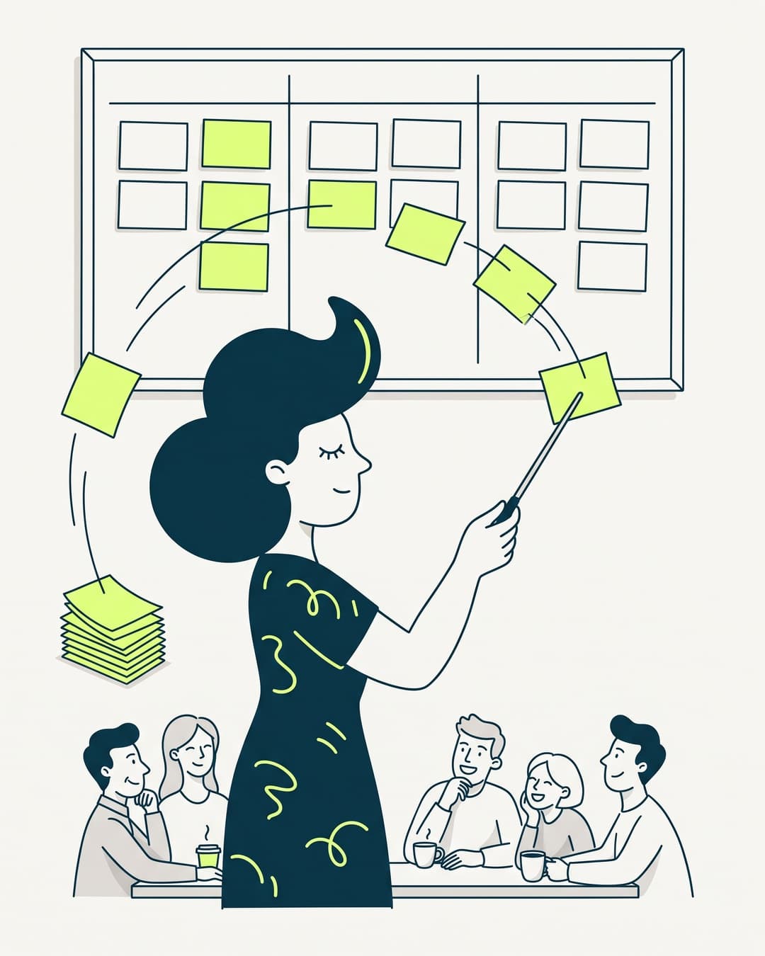 Illustration: Patricia conducts a project board while task cards move into place and the agency team drinks coffee