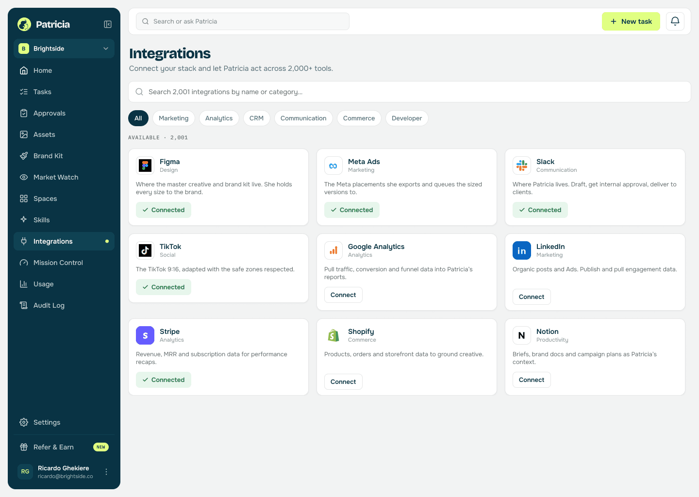 Integrations in Patricia with Figma, Meta Ads, TikTok and Slack connected, so she can pull the master creative, resize it, and push to the ad sets