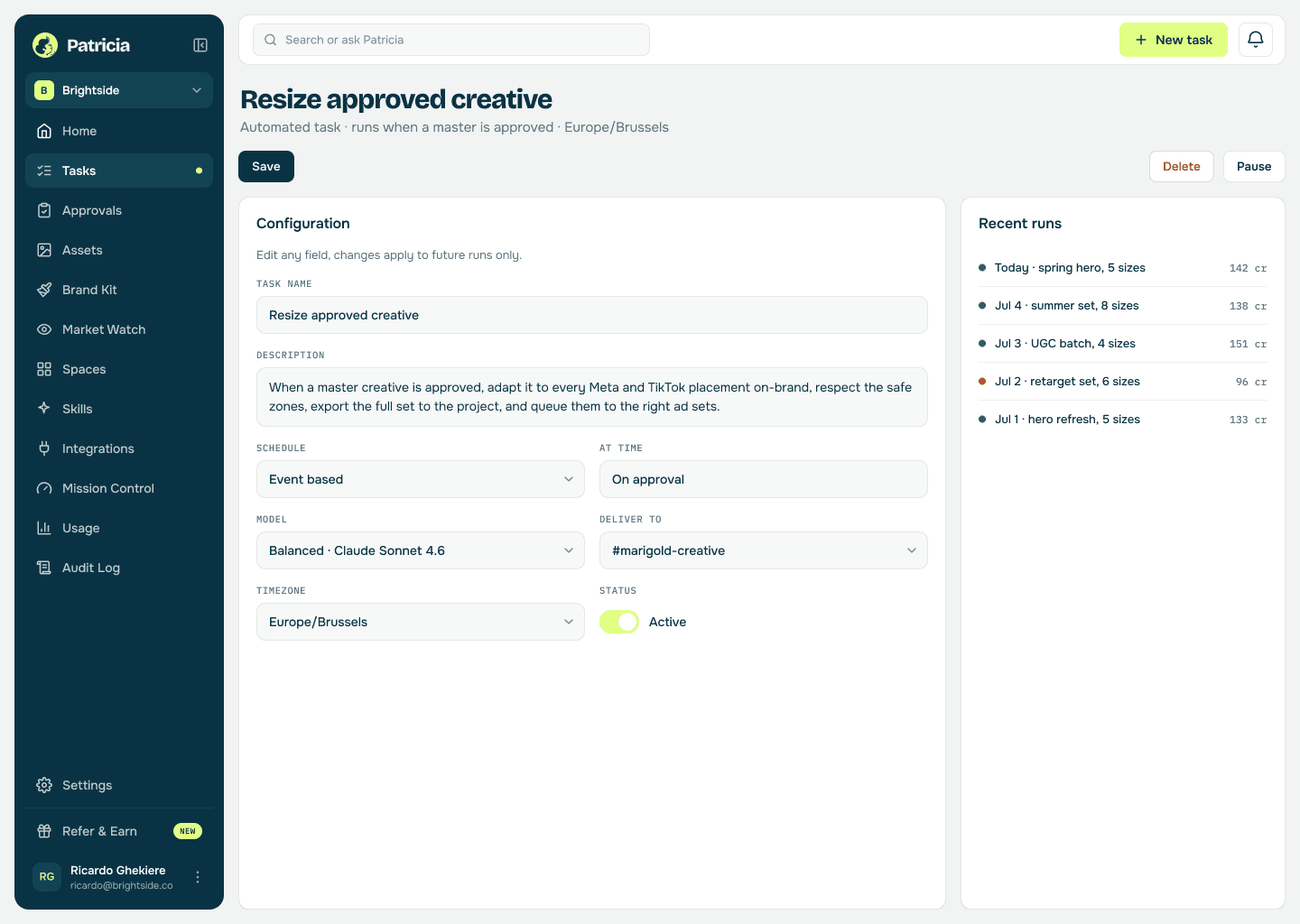 Ad resizing task in Patricia: a task that takes an approved master creative and adapts it to every Meta and TikTok placement on-brand, then exports and queues them, with recent runs listed
