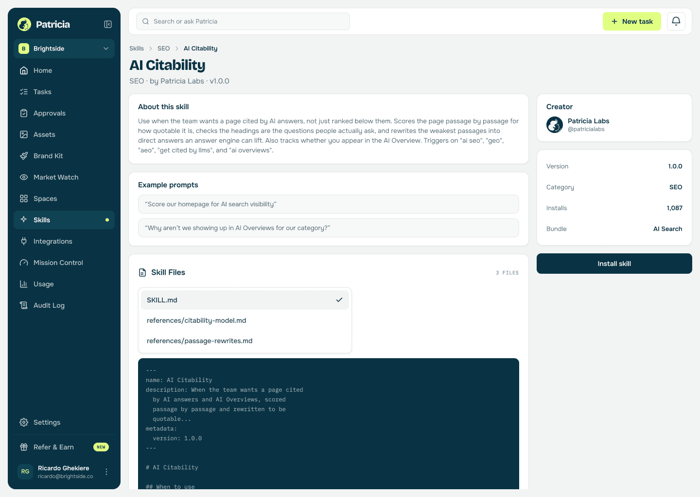 The AI Citability skill in Patricia's skills catalog, ready to install, with its description and example prompts