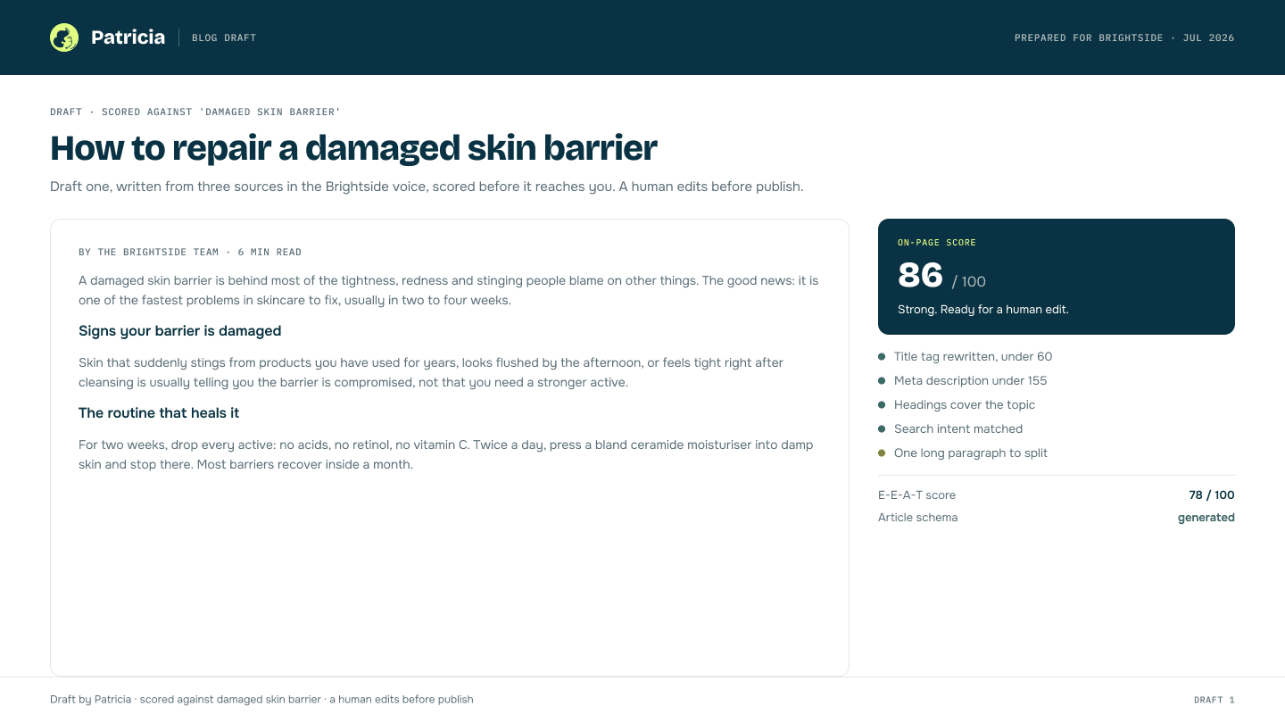 A blog draft in Patricia with its on-page score: the article on the left, and on the right the SEO score with the title, meta, headings, keyword and readability checks