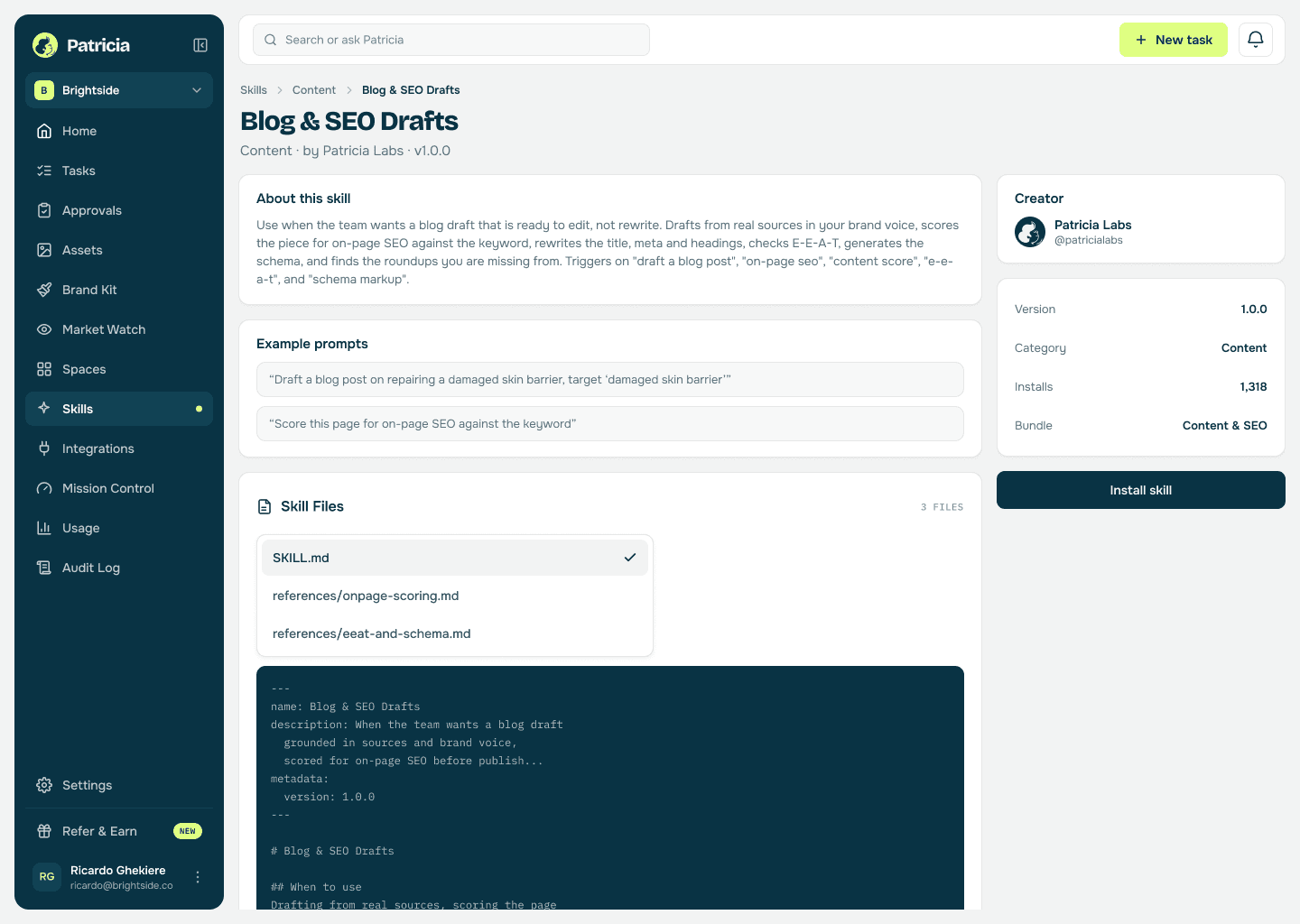 The Blog & SEO Drafts skill in Patricia's skills catalog, ready to install, with its description and example prompts