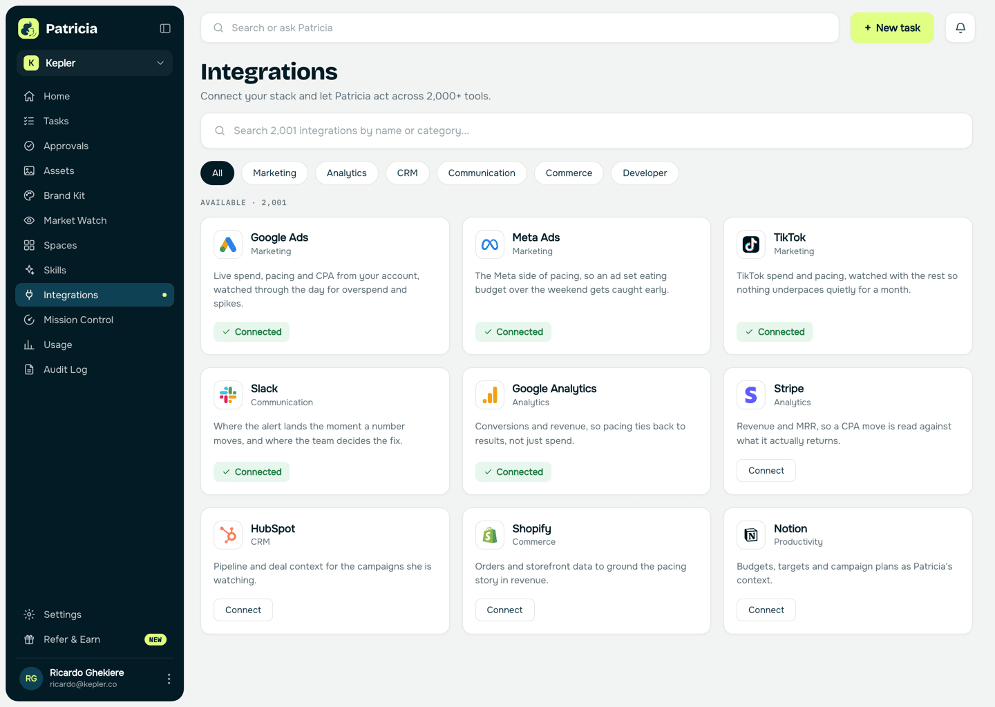 Integrations in Patricia with Google Ads, Meta Ads, TikTok and Slack connected, so she can read spend and pacing from every account and alert in Slack