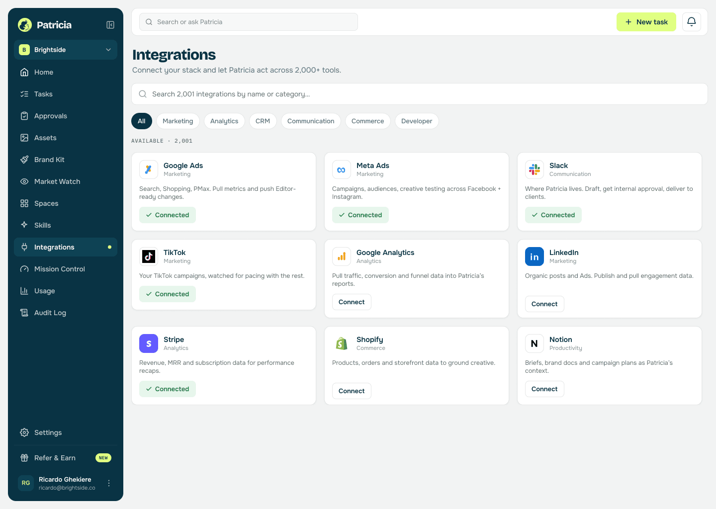 Integrations in Patricia with Google Ads, Meta Ads, TikTok and Slack connected, so she can read spend and pacing from every account and alert in Slack
