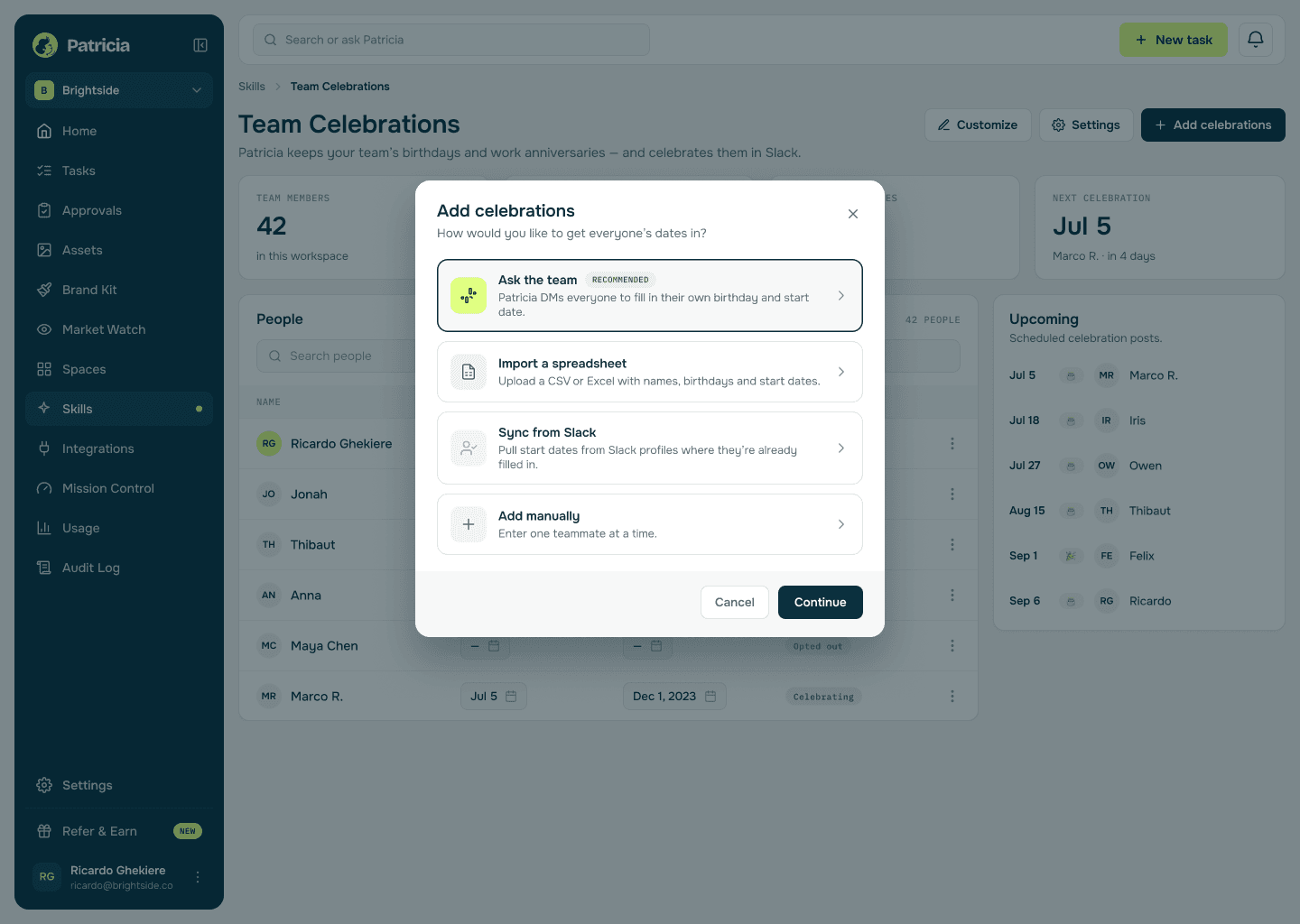 Add celebrations modal in Patricia with four ways to collect dates: ask the team by DM, import a spreadsheet, sync from Slack, or add manually