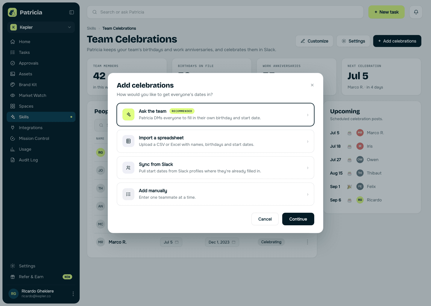 Add celebrations modal in Patricia with four ways to collect dates: ask the team by DM, import a spreadsheet, sync from Slack, or add manually
