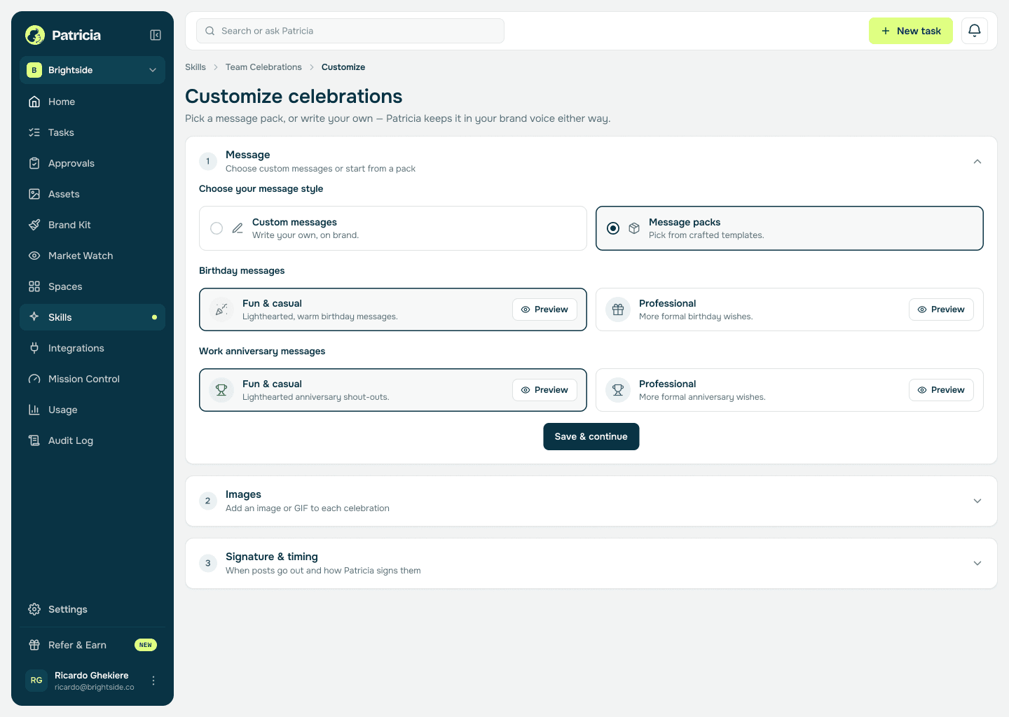 Customize celebrations screen in Patricia: message packs for birthdays and work anniversaries, plus sections for images and for signature and timing