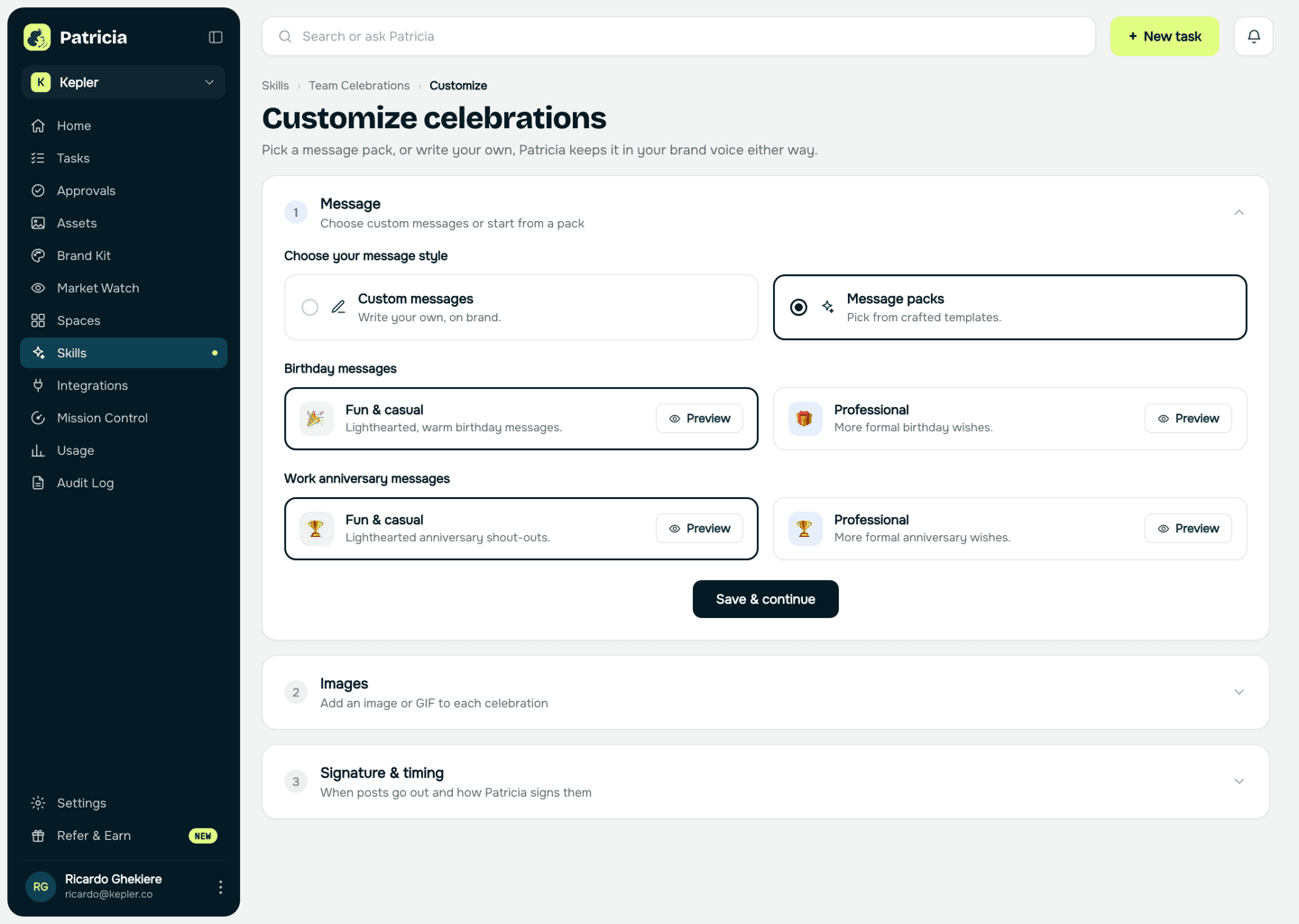 Customize celebrations screen in Patricia: message packs for birthdays and work anniversaries, plus sections for images and for signature and timing