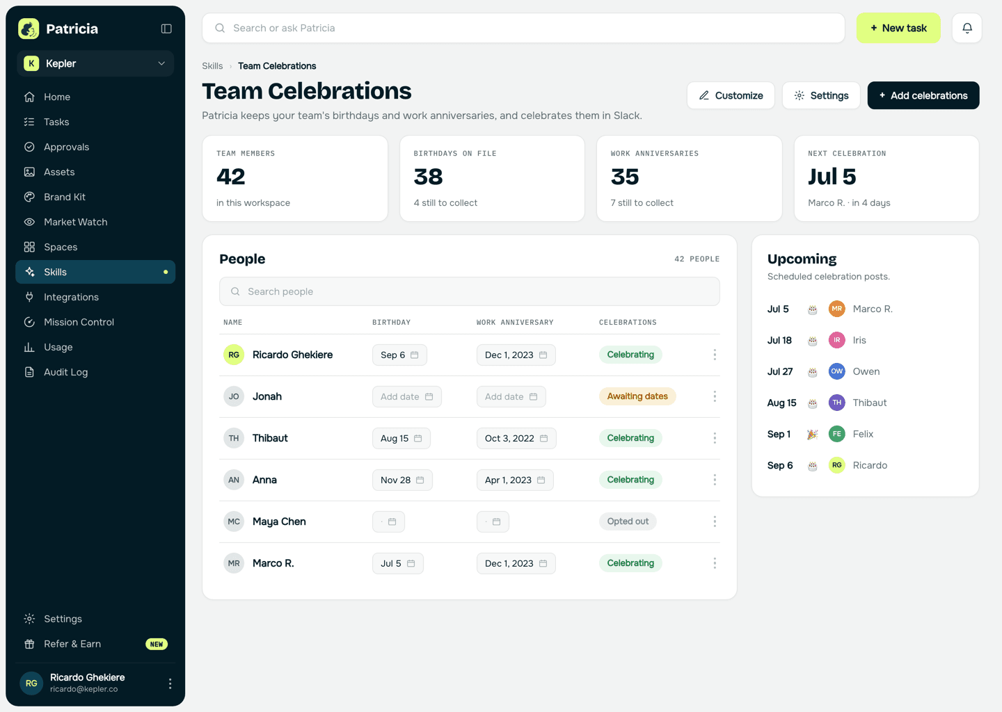 Team Celebrations hub in Patricia: birthdays and work anniversaries on file for 42 teammates, per-person status, and the upcoming celebration schedule