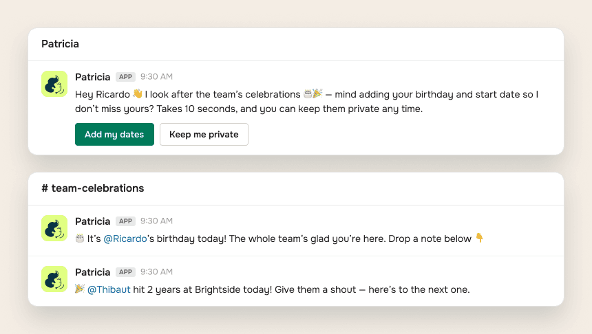 What the team sees in Slack: Patricia's private DM asking for dates with a keep-me-private option, and birthday and anniversary posts in the team channel