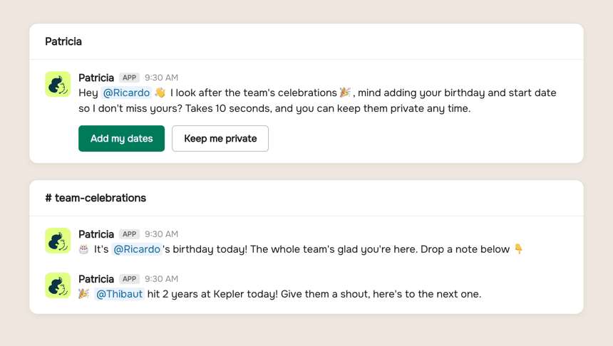 What the team sees in Slack: Patricia's private DM asking for dates with a keep-me-private option, and birthday and anniversary posts in the team channel