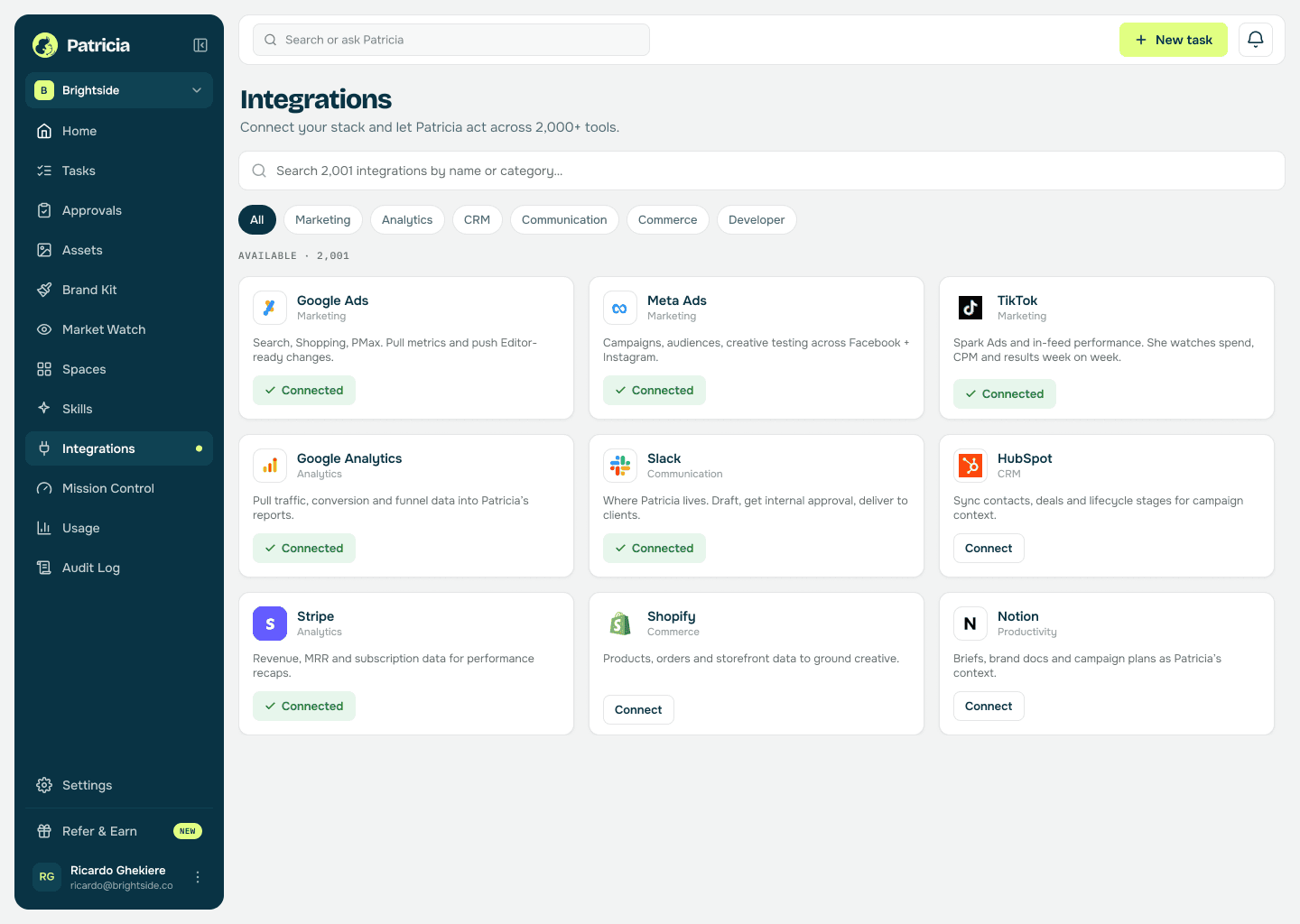 Integrations in Patricia with Google Ads, Meta Ads, TikTok, Google Analytics and Slack connected, so she can read the ad accounts straight from source and post the briefing
