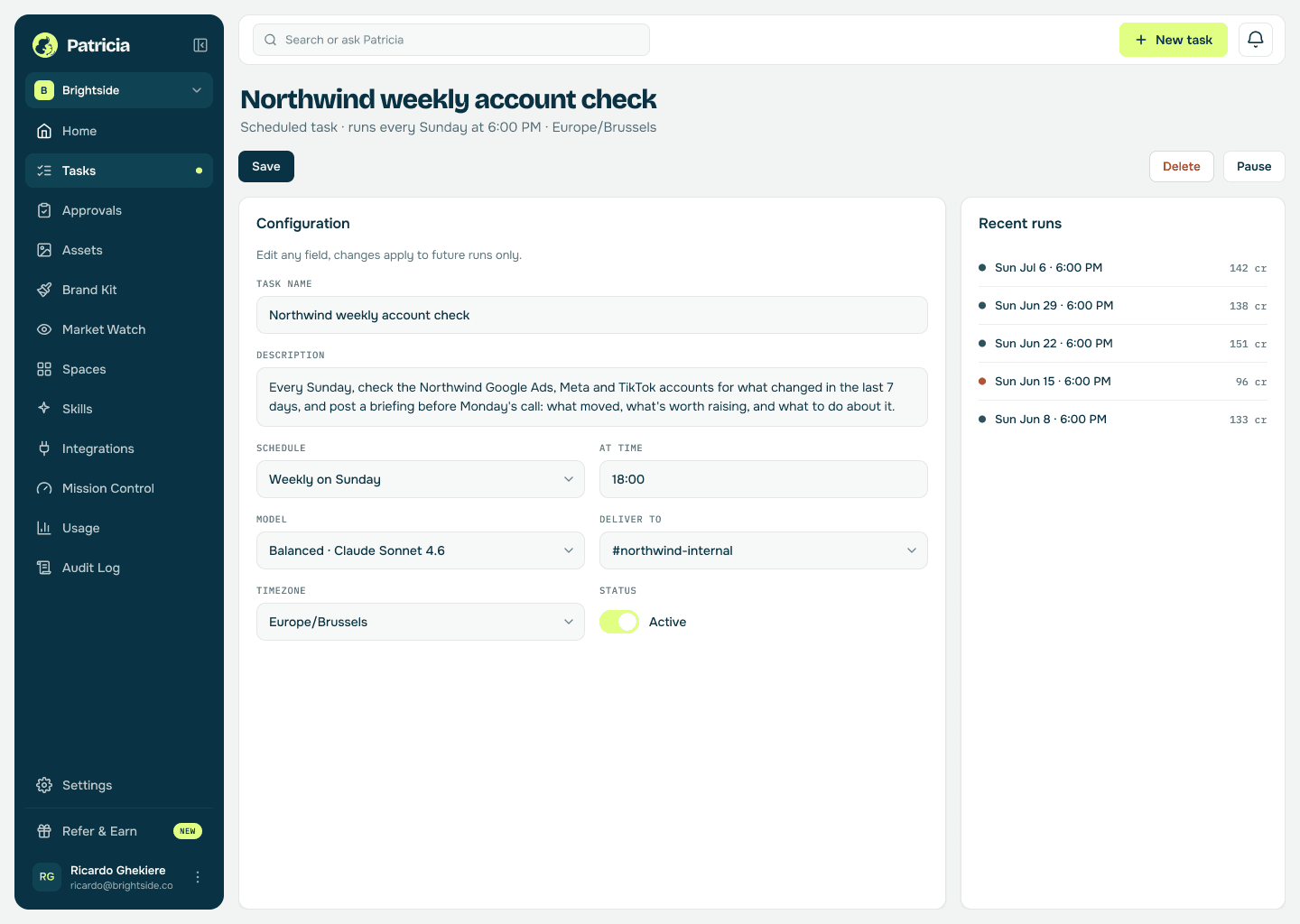 Northwind weekly account check task in Patricia: a scheduled task that runs every Sunday evening, checks the Google Ads, Meta and TikTok accounts for what changed in the last 7 days, and posts the briefing to the internal channel before Monday's call, with its recent runs listed