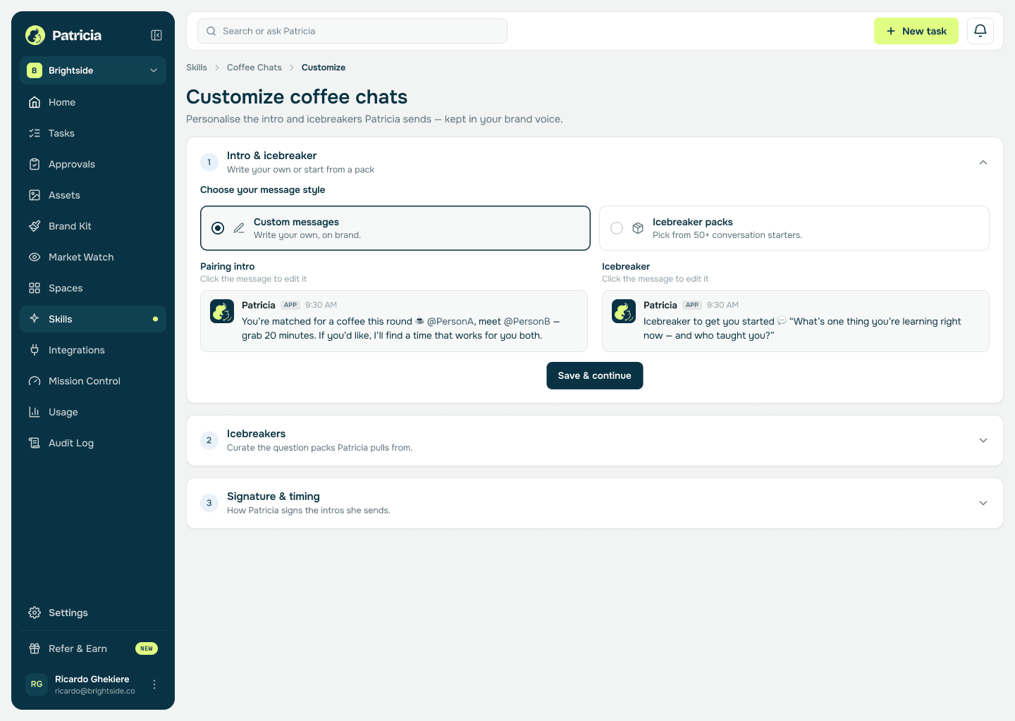 Customize coffee chats screen in Patricia: custom pairing intro and icebreaker messages, icebreaker packs, and signature and timing settings