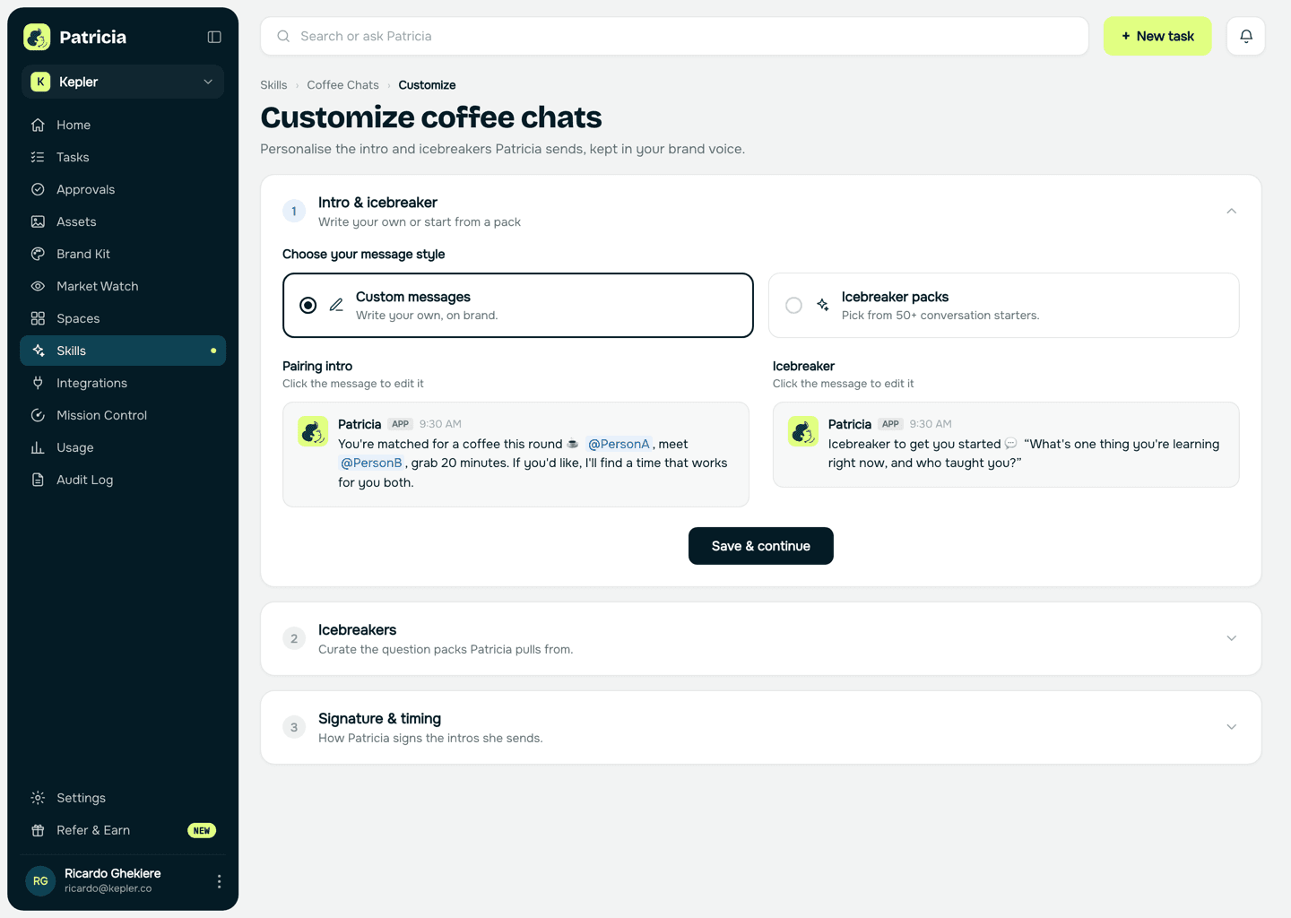 Customize coffee chats screen in Patricia: custom pairing intro and icebreaker messages, icebreaker packs, and signature and timing settings