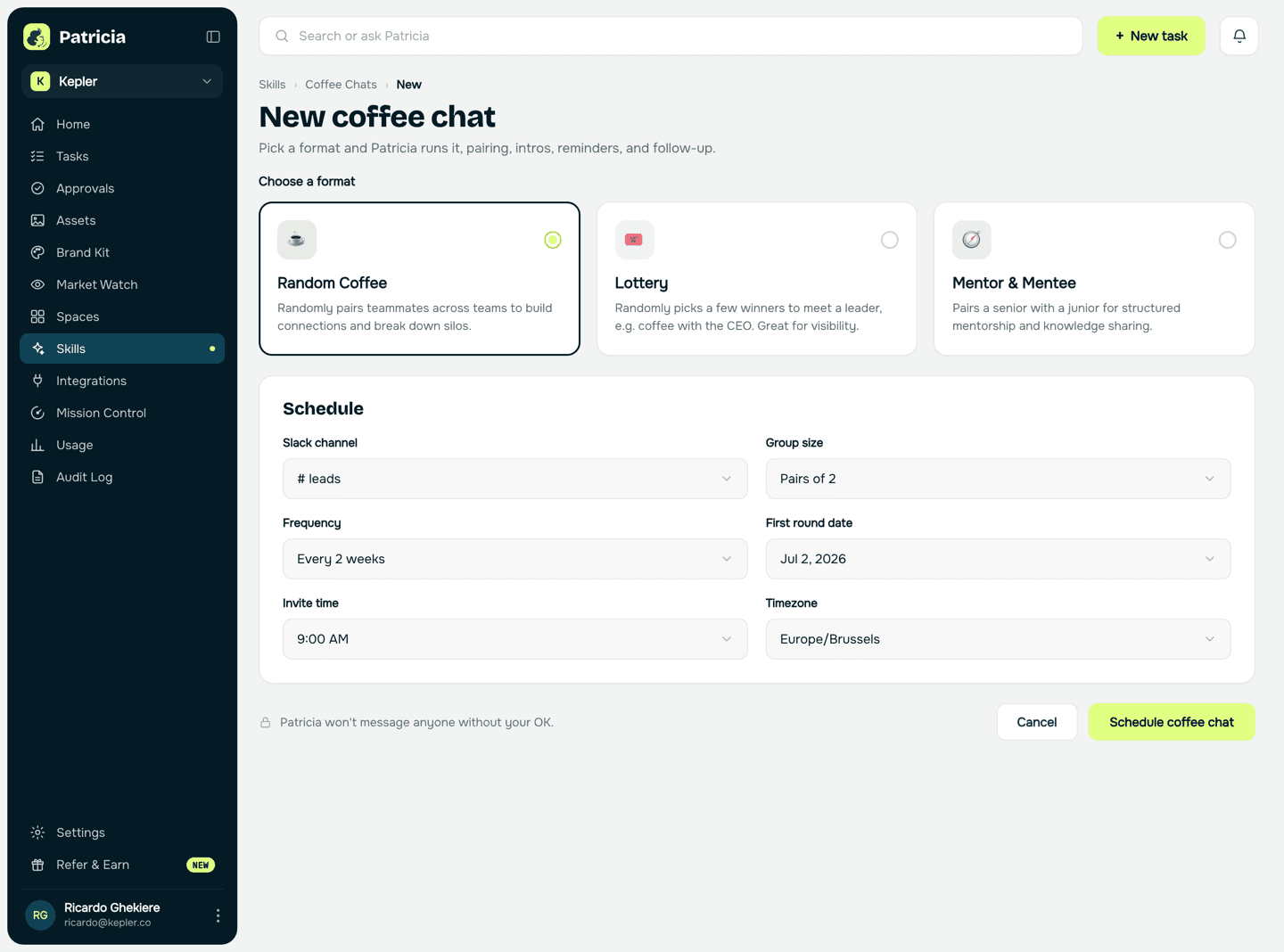 New coffee chat screen in Patricia with three formats: random coffee, lottery, and mentor and mentee, plus channel, frequency, group size, and timing settings