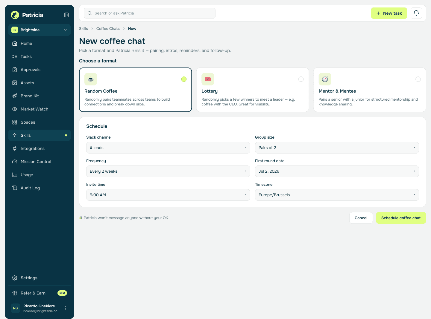 New coffee chat screen in Patricia with three formats: random coffee, lottery, and mentor and mentee, plus channel, frequency, group size, and timing settings