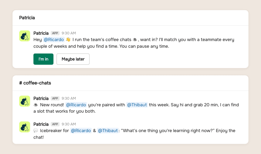 What the team sees in Slack: Patricia's opt-in DM for coffee chats, the pairing post in the channel, and the icebreaker message