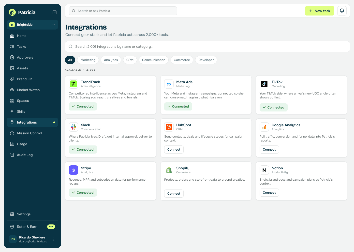 Integrations in Patricia with TrendTrack, Meta Ads, TikTok and Slack connected, so she can pull the competitors' ads from TrendTrack and cross-match against your own campaigns