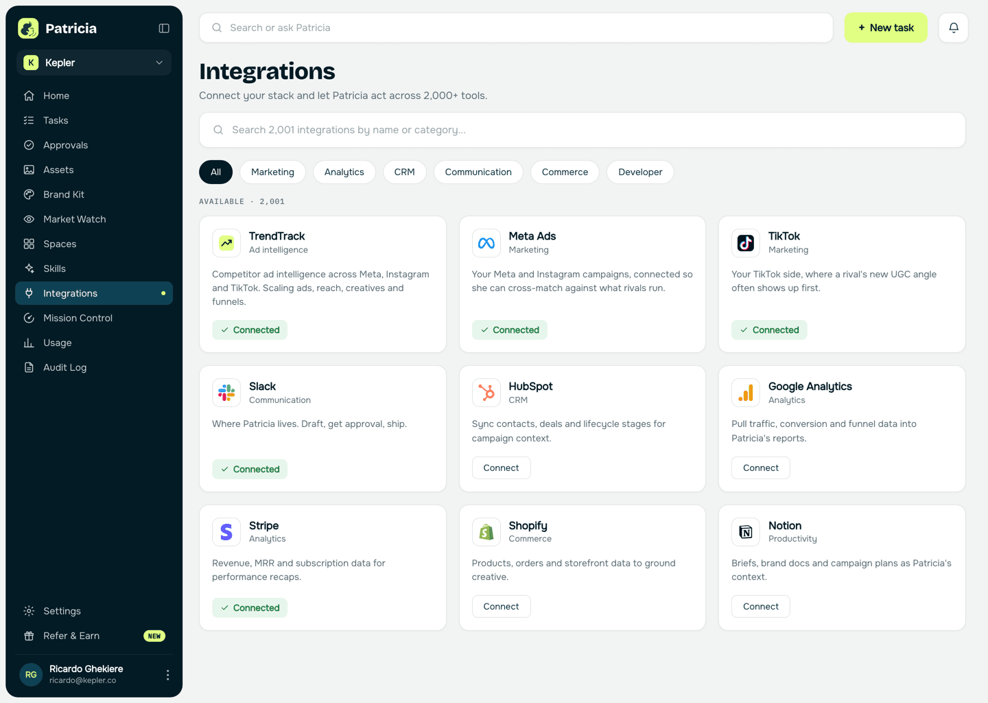 Integrations in Patricia with TrendTrack, Meta Ads, TikTok and Slack connected, so she can pull the competitors' ads from TrendTrack and cross-match against your own campaigns