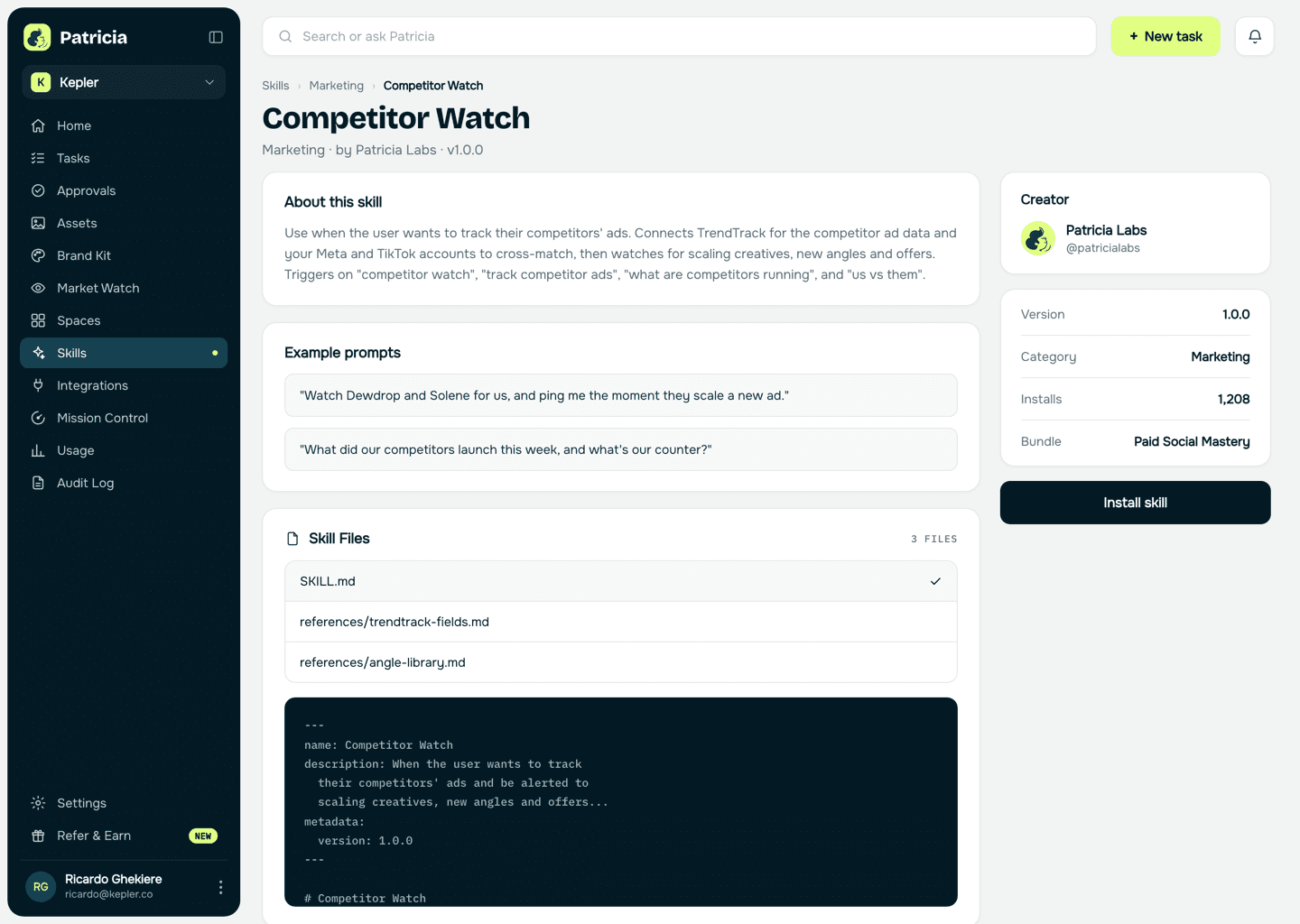 The Competitor Watch skill in Patricia's Skills catalog, ready to install, with its description, example prompts, and the tools it connects including TrendTrack