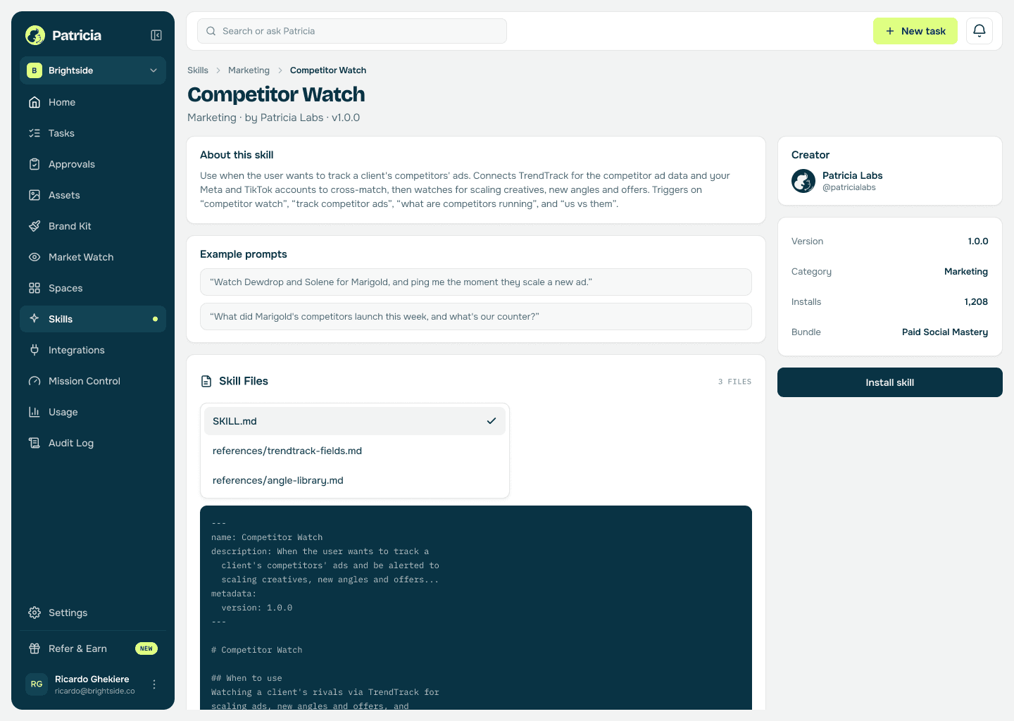 The Competitor Watch skill in Patricia's Skills catalog, ready to install, with its description, example prompts, and the tools it connects including TrendTrack