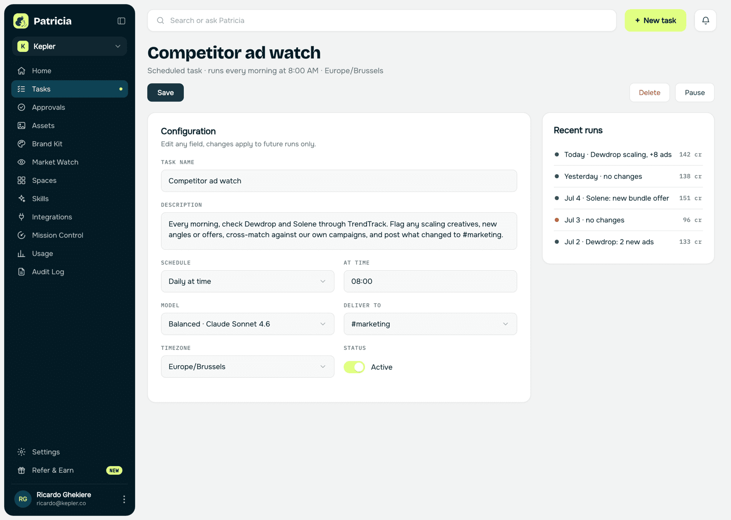 A scheduled competitor watch task in Patricia that checks the tracked rivals through TrendTrack every morning, flags scaling ads, new angles and offers, and posts what changed to the channel, with its recent runs listed