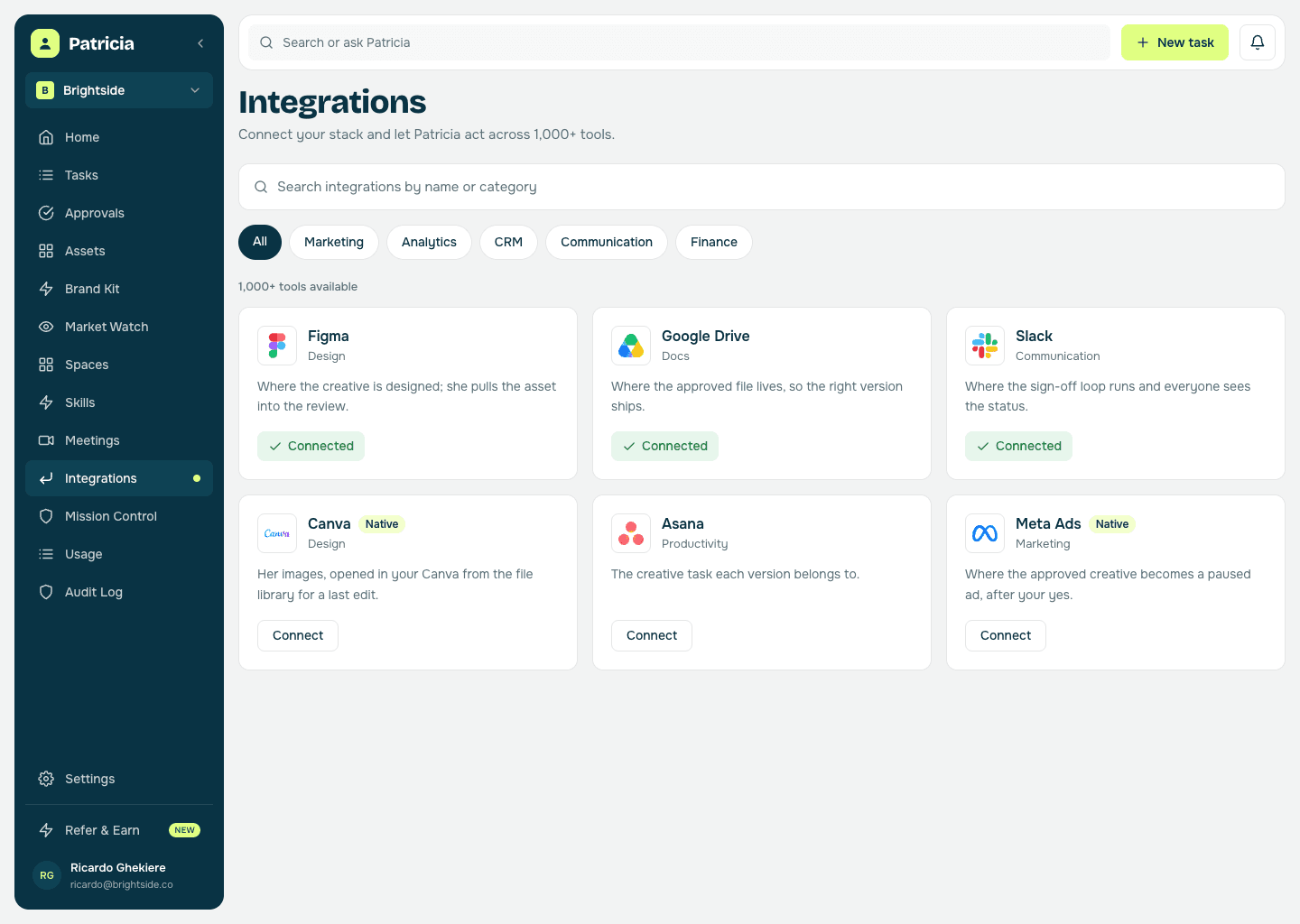 Integrations in Patricia with Figma, Google Drive and Slack connected, so she can pull the creative, track versions, and run the approval loop in Slack, with Canva, Asana and Meta Ads ready to connect