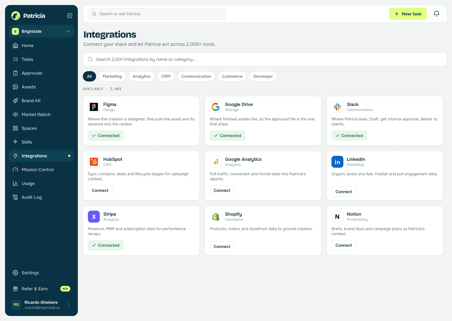 Integrations in Patricia with Figma, Google Drive and Slack connected, so she can pull the creative, track versions, and run the approval loop in Slack