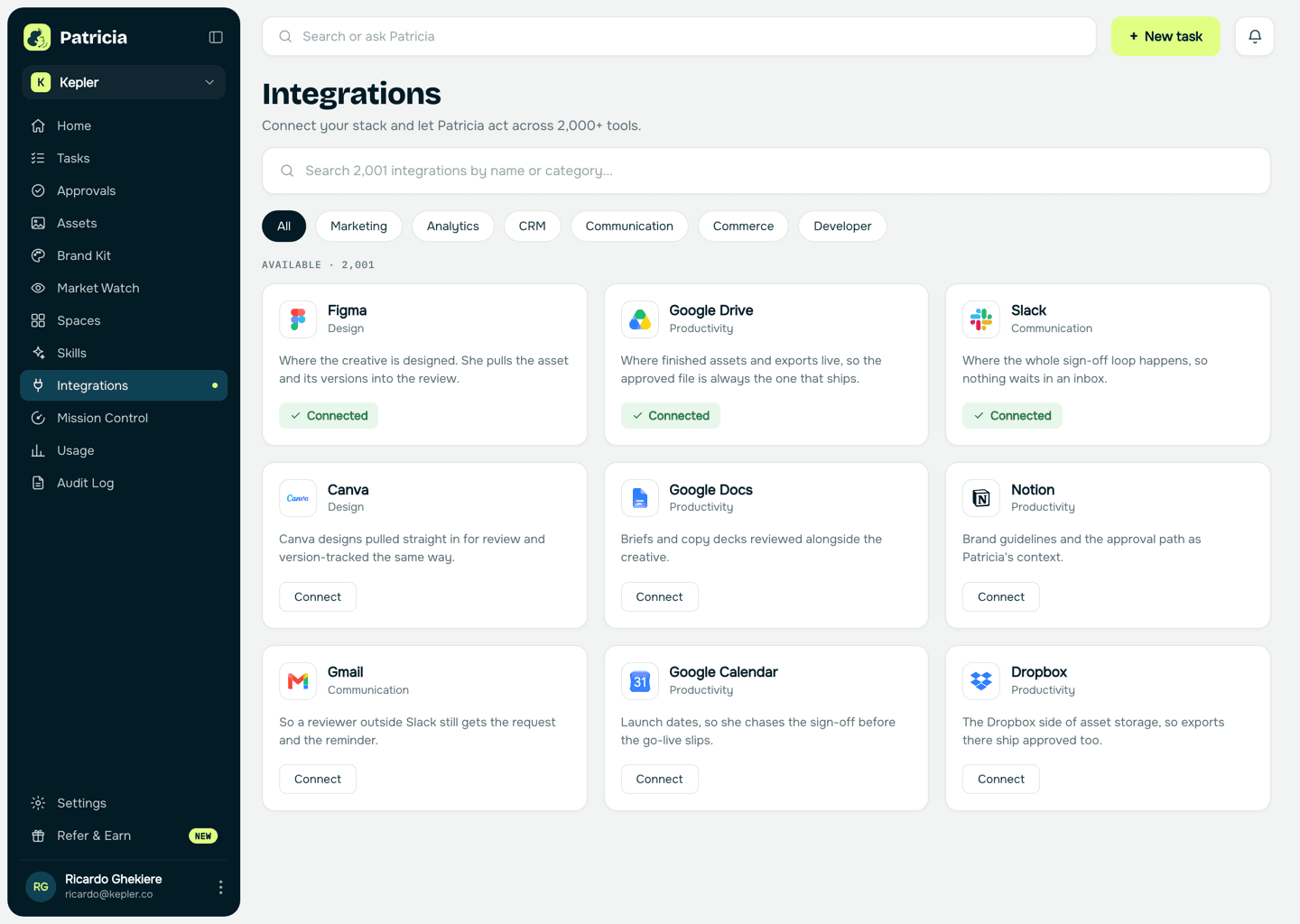Integrations in Patricia with Figma, Google Drive and Slack connected, so she can pull the creative, track versions, and run the approval loop in Slack