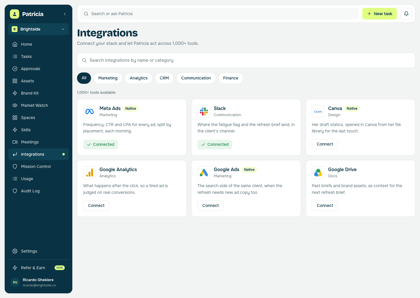Integrations in Patricia with Meta Ads and Slack connected, so she can read each ad's frequency, CTR and CPA and flag fatigue in Slack, with Canva, Google Analytics, Google Ads and Google Drive ready to connect