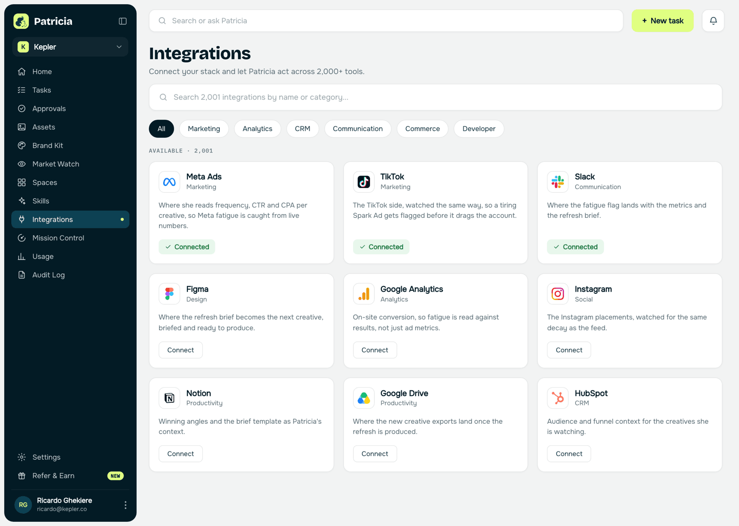 Integrations in Patricia with Meta Ads, TikTok and Slack connected, so she can read creative performance and flag fatigue in Slack