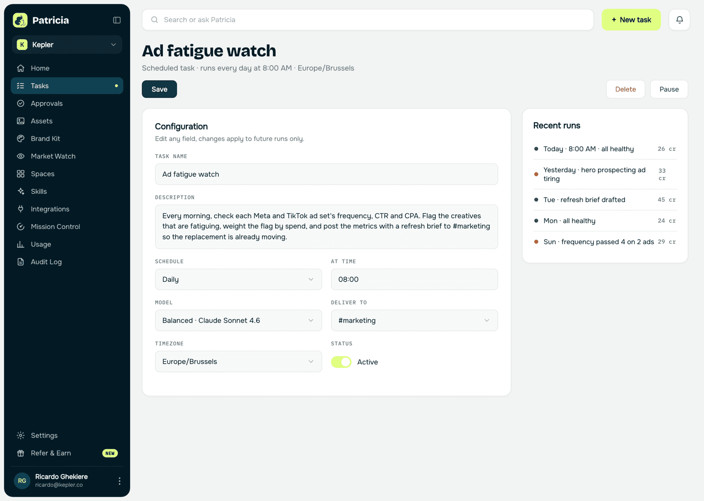 Creative fatigue watch task in Patricia: a scheduled task that checks each ad set's frequency, CTR and CPA daily, flags fatiguing creatives, and posts a refresh brief to the channel, with recent runs listed