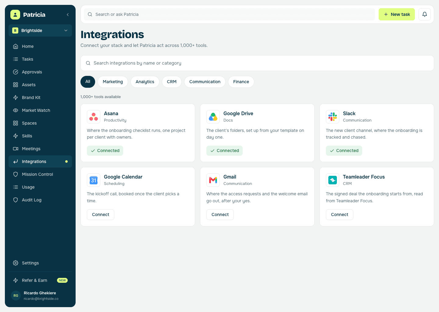 Integrations in Patricia with Asana, Google Drive and Slack connected, so she can run the checklist, set up folders, and gather what the onboarding needs, with Google Calendar, Gmail and Teamleader Focus ready to connect