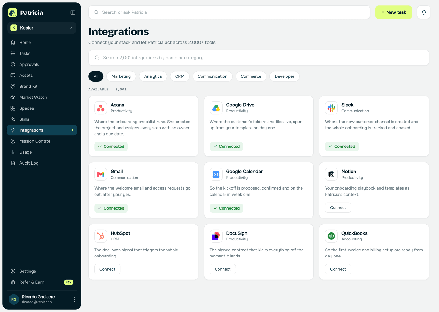 Integrations in Patricia with Asana, Google Drive and Slack connected, so she can run the checklist, set up folders, and gather what the onboarding needs