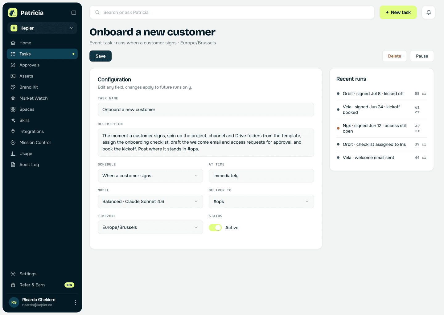 Onboarding task in Patricia: an event-based task that runs on signing, sets up the workspace and folders, works the checklist, chases access, and books the kickoff, with recent runs listed