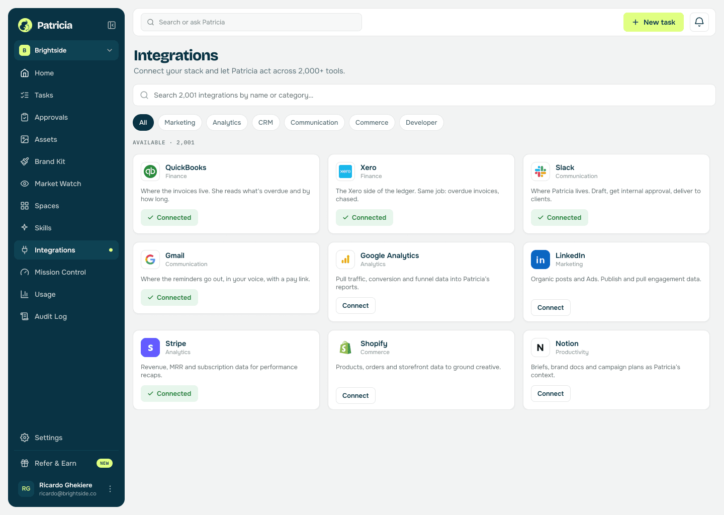 Integrations in Patricia with QuickBooks, Xero, Gmail and Slack connected, so she can read overdue invoices and send the reminders