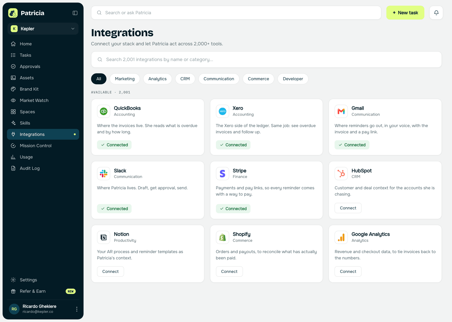 Integrations in Patricia with QuickBooks, Xero, Gmail and Slack connected, so she can read overdue invoices and send the reminders
