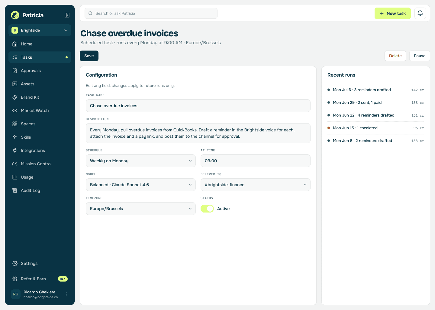 Invoice chasing task in Patricia: a scheduled task that checks QuickBooks for overdue invoices every Monday, drafts reminders in the agency voice, and posts them for approval, with recent runs listed