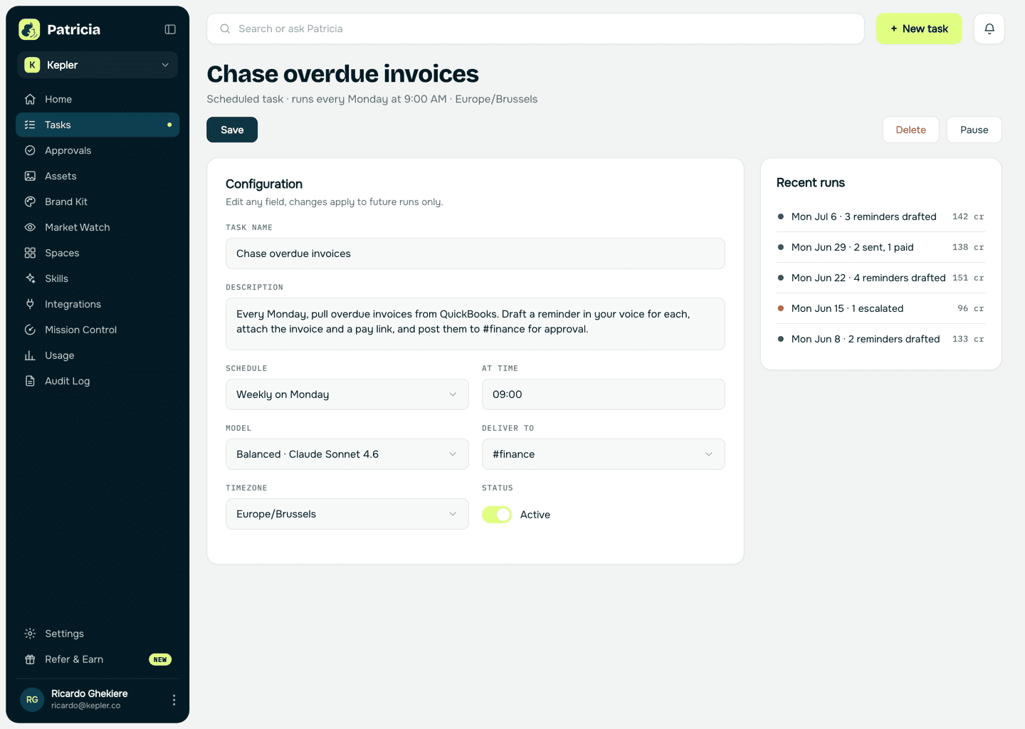 Invoice chasing task in Patricia: a scheduled task that checks QuickBooks for overdue invoices every Monday, drafts reminders in your voice, and posts them for approval, with recent runs listed