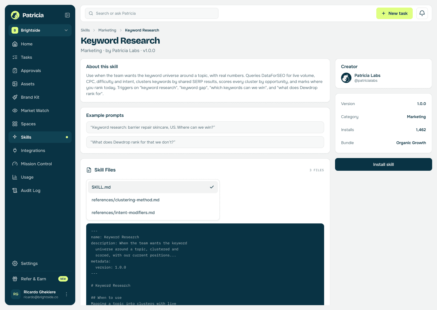 The Keyword Research skill in Patricia's skills catalog, ready to install, with its description and example prompts