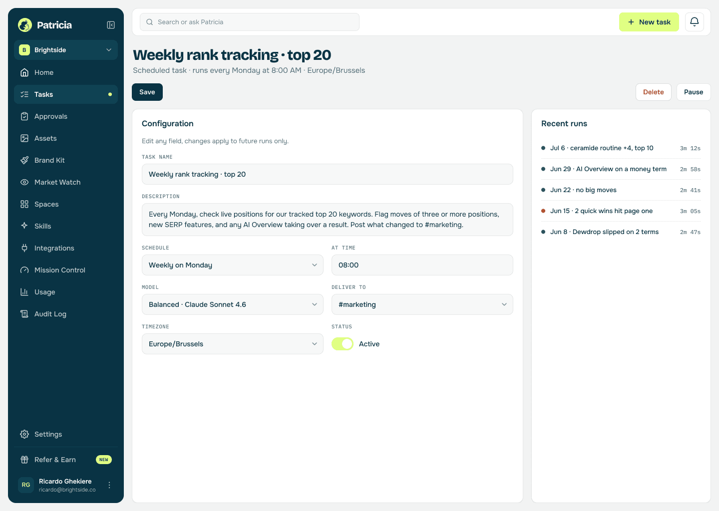 A scheduled rank-tracking task in Patricia: the tracked keyword set checked weekly with recent runs listed and position changes flagged