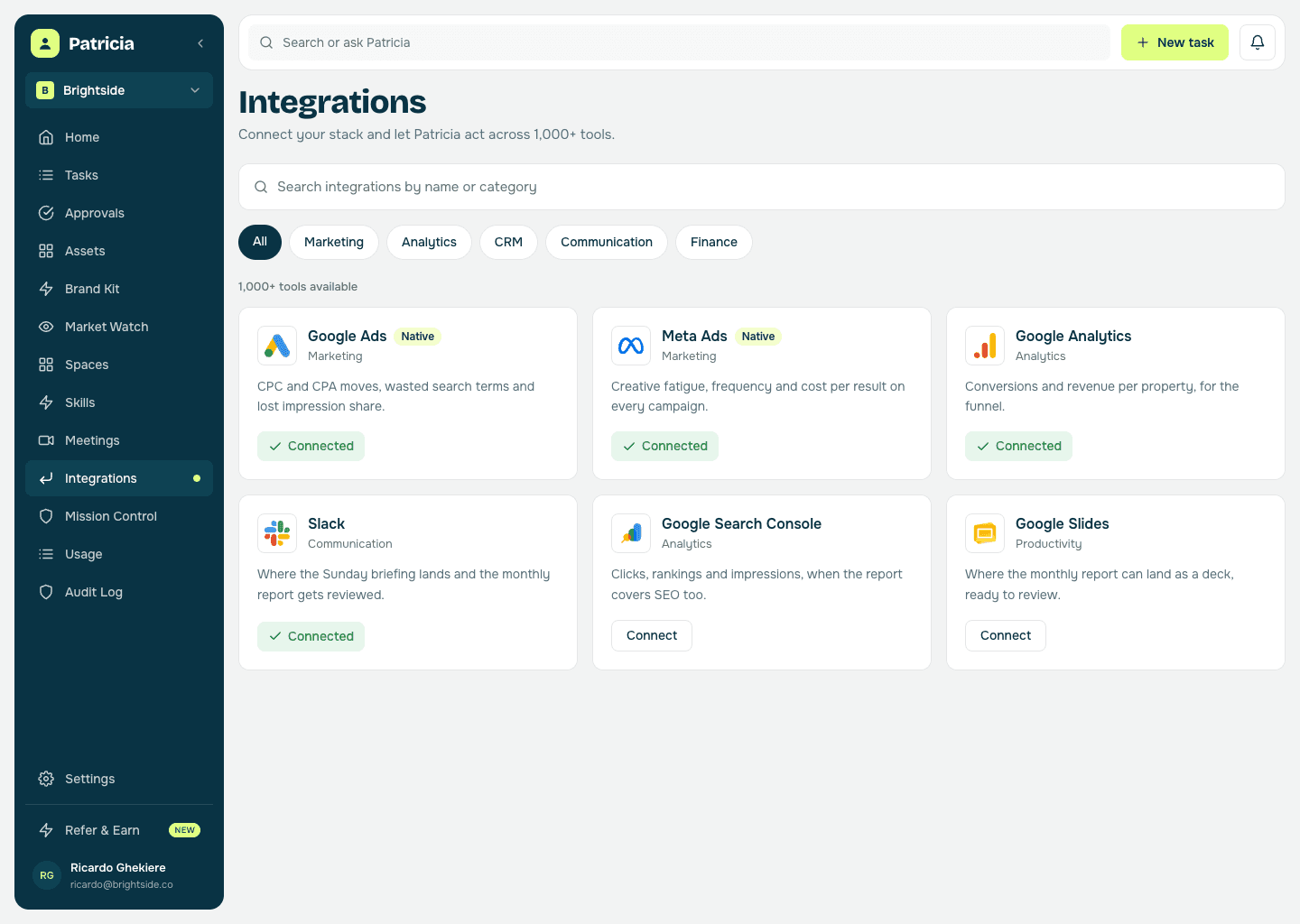 Integrations in Patricia with Google Ads, Meta Ads, Google Analytics and Slack connected, so she can read the accounts straight from source and post the briefing, with Google Search Console and Google Slides ready to connect